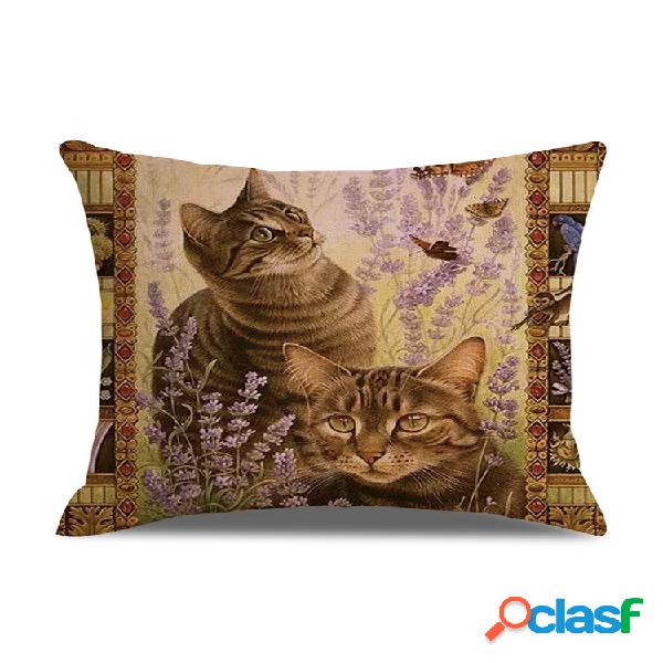 Capa de almofada estilo retro gatos linho algodão capa de