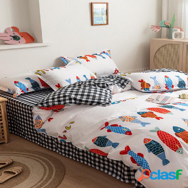 3/4 Pcs Cartoon Fish And Plaid Print AB Sided Aloe Algodão