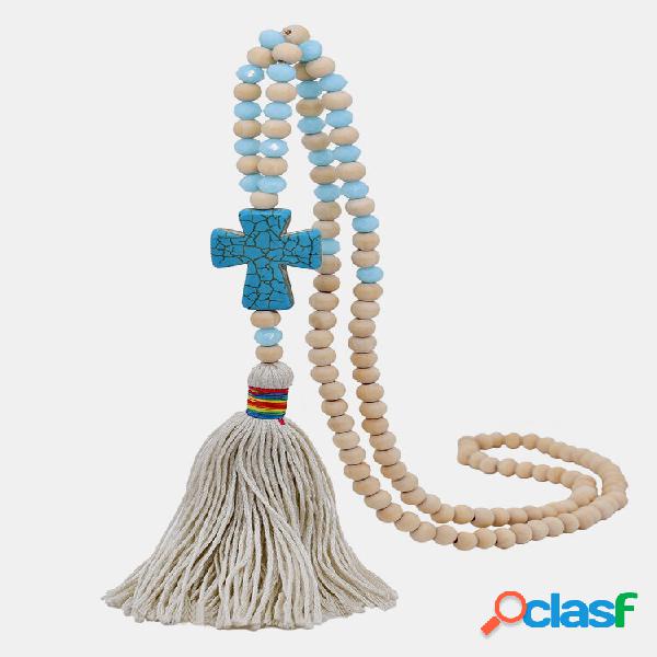 Tassel Vintage Ethnic Cross Pingente Contas de Madeira