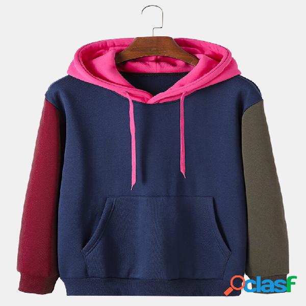Mens Color Block Patchwork Casual Canguru com Capuz com