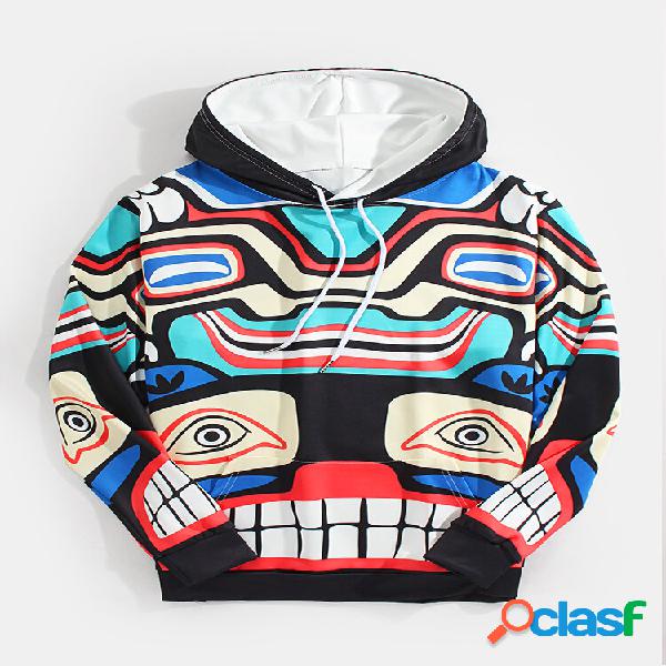 Homens Tribal Figure Print Casual Hoodies Com Cordão Com