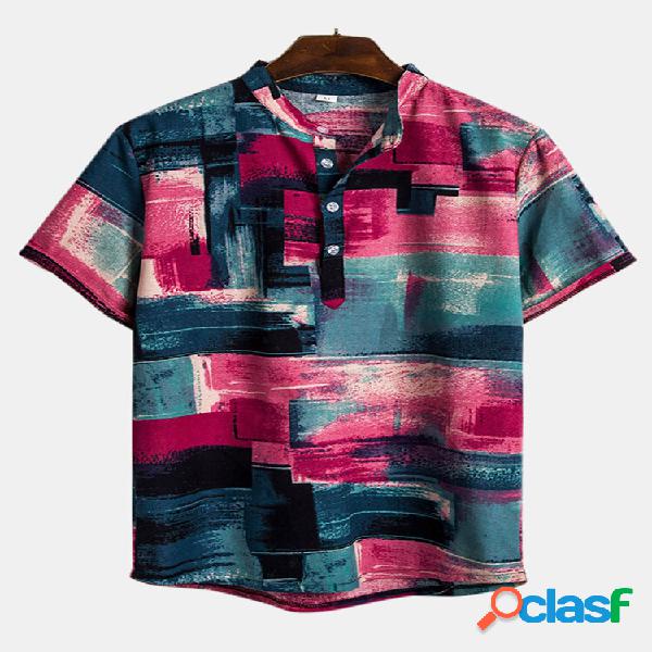 Mens Colorblock Impresso Casual Manga Curta Henley Camisa