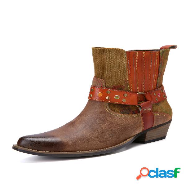 Botas de equitação Socofy Retro Couro Genuíno Patchwork