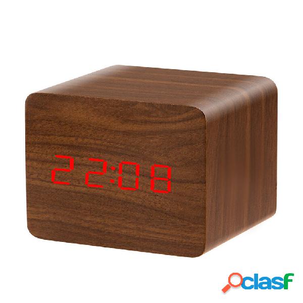 LED Display Ativado por voz Relógio de madeira eletrônico