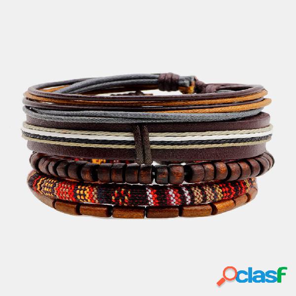 Pulseira Multicamada Casual de Couro Gotas de Madeira