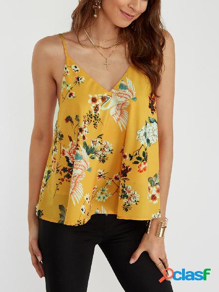 Top Cami com estampa floral aleatória amarela com decote em