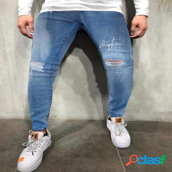 Carta masculina estampa rasgada e cordão estreito Jeans