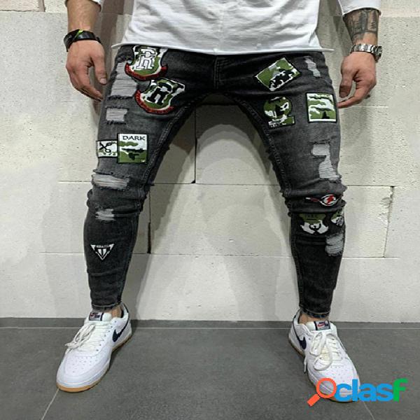 Estampa masculina Stretchy Ripped Skinny Bordado Jeans
