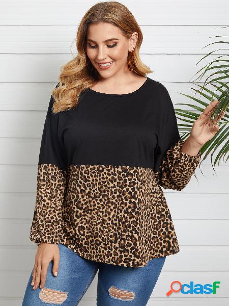 Plus Tamanho decote redondo leopardo alça elástica de