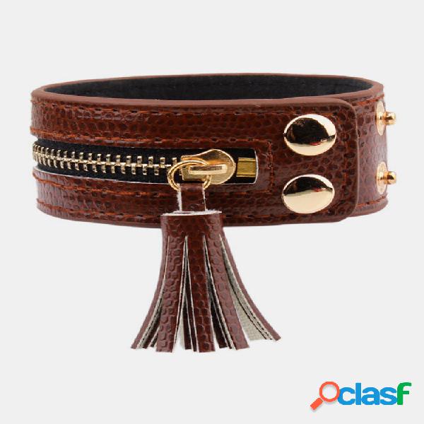 Pulseira de couro punk Willow Unhas Zipper Tassel Serpentine