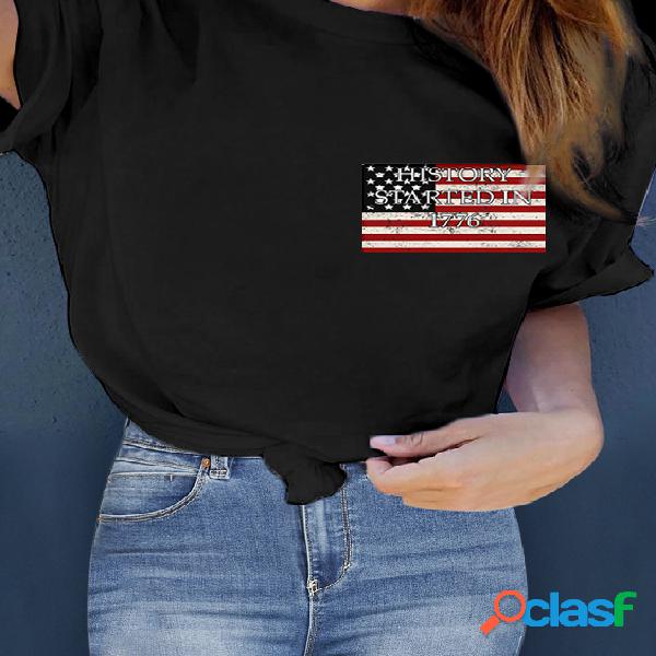 Red Stripe & Star Print Pocket Design T-shirt de manga curta