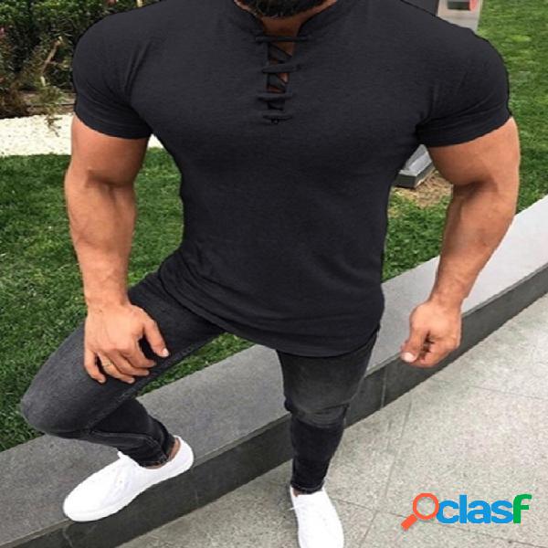 Masculino verão casual algodão Soft com decote em v