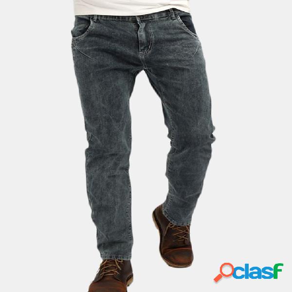 Botão de latão elástico Slim Fit Casual lavado Jeans para