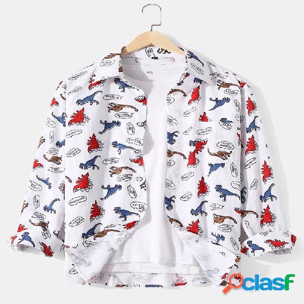 Camisas masculinas Allover Animal Letter Print Algodão