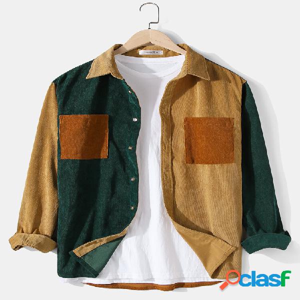 Masculino Corduroy Patchwork Color Block Casual Camisa de