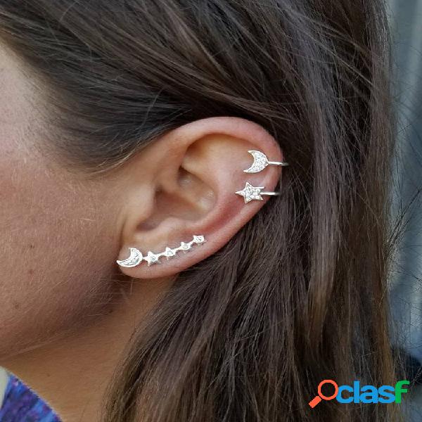 Moda 3 Unidades Brincos Prata Ouro Orelha Clip Moon Star