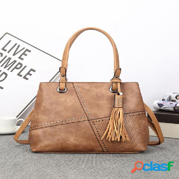 Simples Studded Design Tassel Decor Handbag Double Zipper