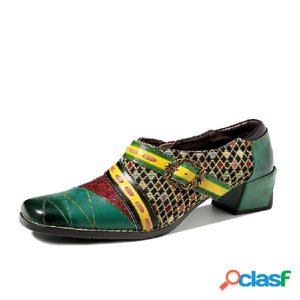 Socofy Ethnic Print Patchwork Couro Genuíno Metal Fivela