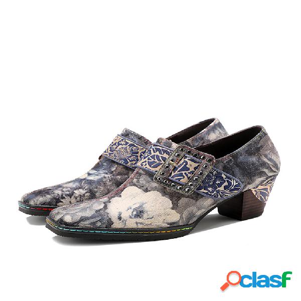 Socofy feminino couro retro estampado floral fivela de metal
