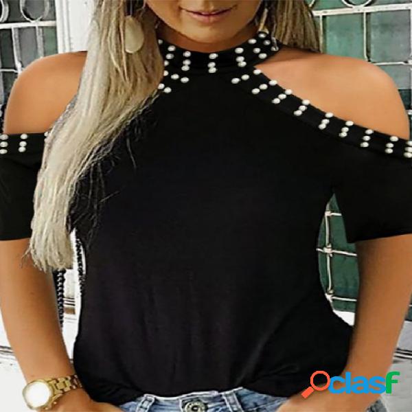 YOINS Camiseta de ombro frio preto feito à mão com