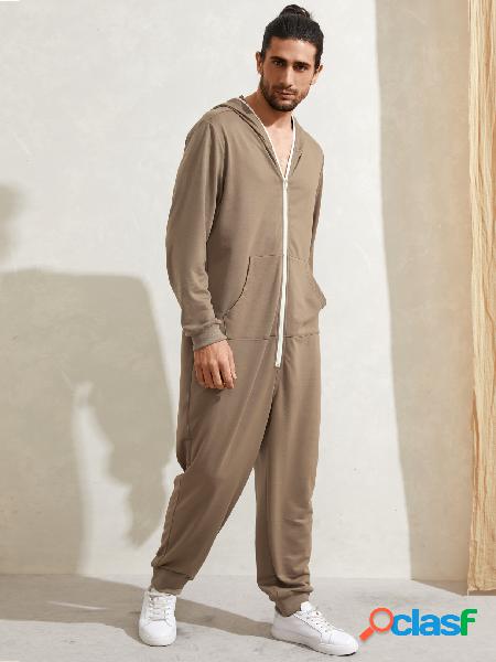 Macacão masculino casual com zíper canguru de bolso com