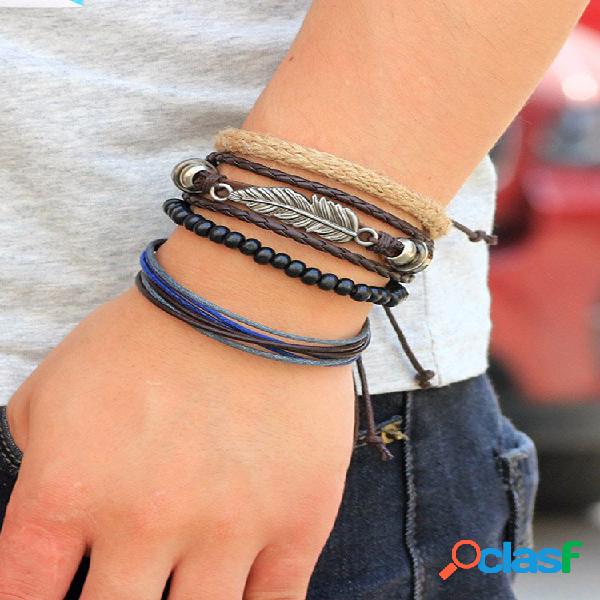 Pulseira Leaf Men Pura Feito à Mão Cânhamo de Pele de