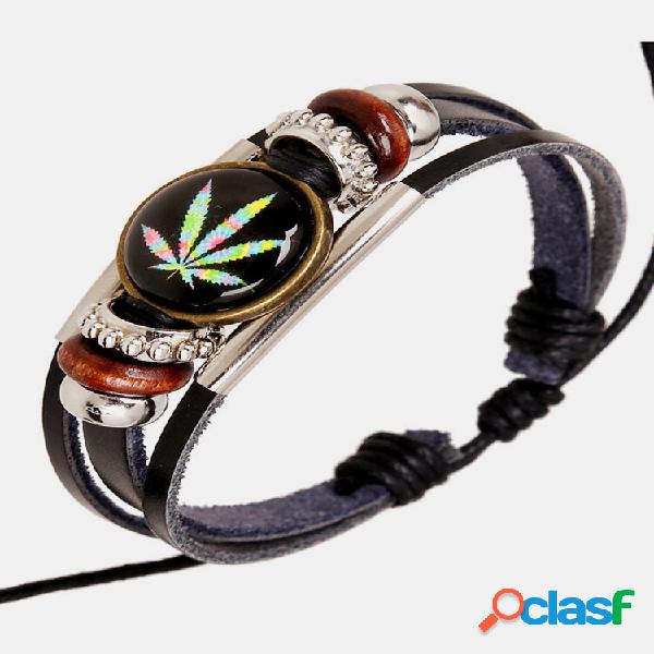 Pulseira Punk Multicamada Casual Gotas de Madeira Folha de