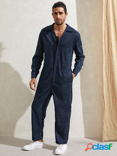 Macacão masculino de veludo cotelê cor sólida com zíper