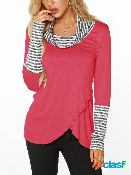 Rose Roll Neck Stripe Details Overlay Front T-shirts