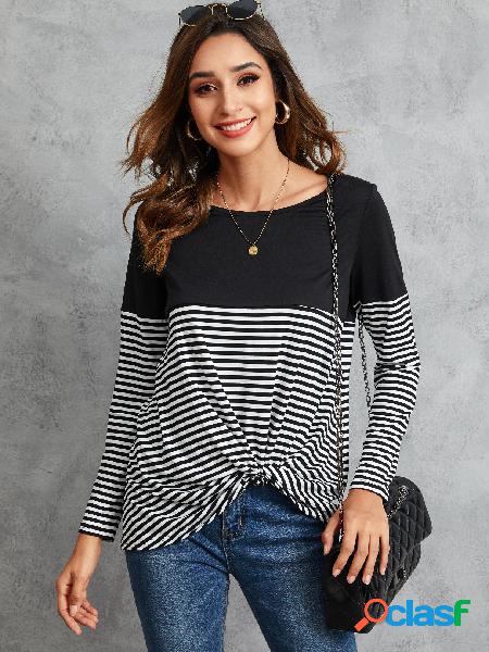 YOINS Black Twist Stripe Patchwork Camiseta de mangas