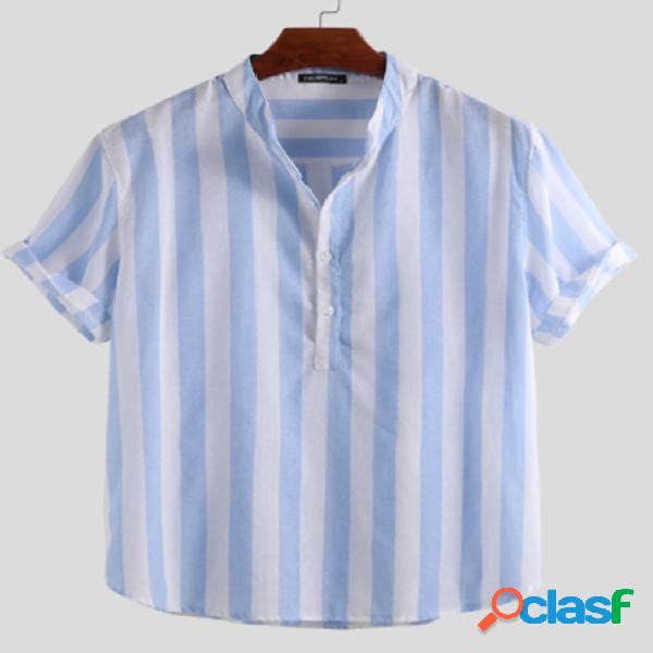 INCERUN Homens Vintage Stripe Linen Manga Curta Camisa