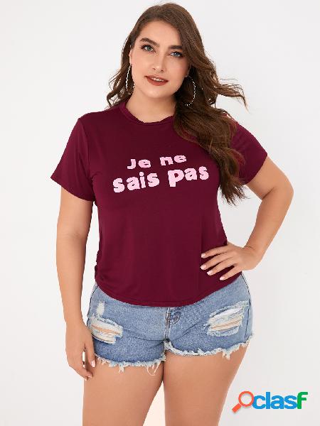 Plus Tamanho Carta Camiseta de mangas curtas em volta do