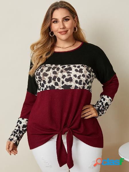 YOINS Plus Tamanho Tripulação Patchwork Leopardo Tie-up