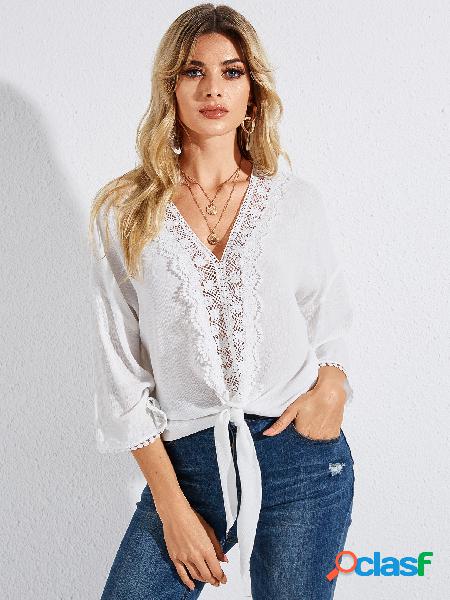 YOINS White Hollow Design Patchwork Blusa com decote em V