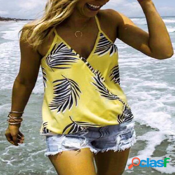 Yellow Wrap Design Tropical Deep V Neck Cami