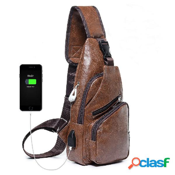 Couro PU USB recarregável de peito Bolsa mensageiro de