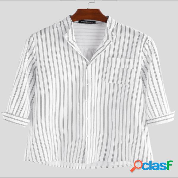 INCERUN Homens Casual Stripe Button Up Stand Collar Camisa