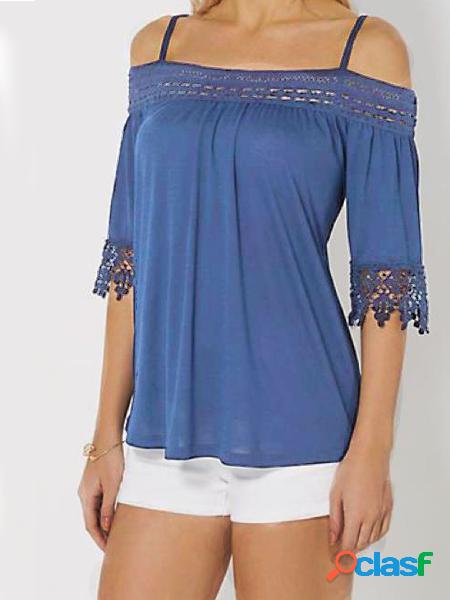 YOINS Blue Patchwork Cold Shoulder Half Sleeves Tee