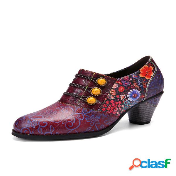 Socofy Retro Floral Print Embossed Design Beading Couro