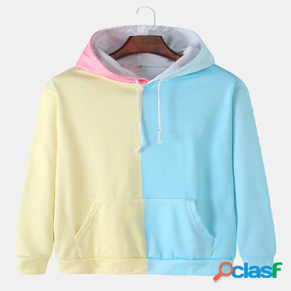 Homens Color Block Patchwork Loose Pouch Pocket Hoodies com