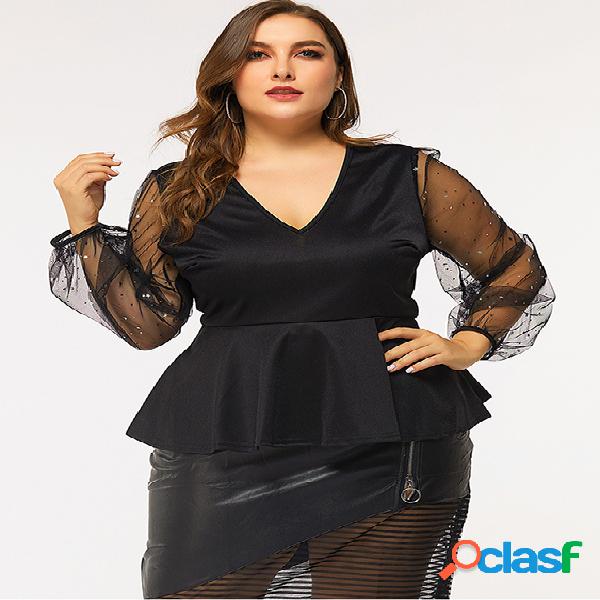 Plus Blusa de malha de mangas compridas tamanho patchwork