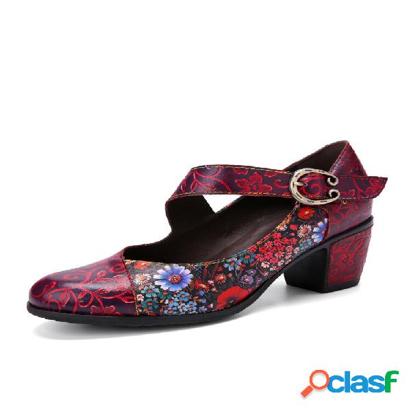 Socofy Retro Floral Impressão Couro Patchwork Metal Fivela