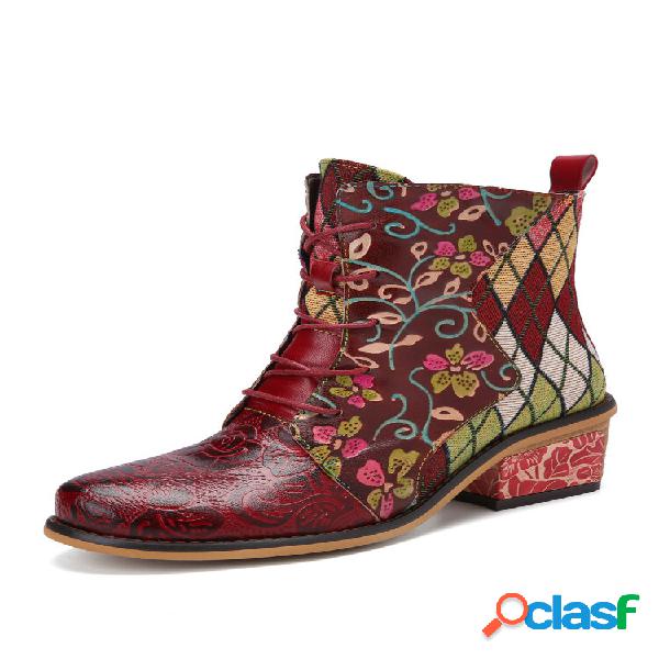 Socofy Bohemian Floral Print Couro Genuíno Patchwork