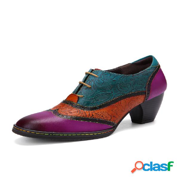Bombas de salto grosso com cadarço feminino Socofy Retro