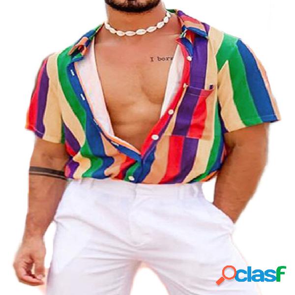 INCERUN Homens Cool Rainbow Striped Pocket Casual Manga