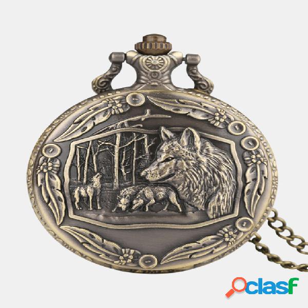 Retro 3D Wolf Sculpture Pocket Watch Slim Dial Caso Quartzo