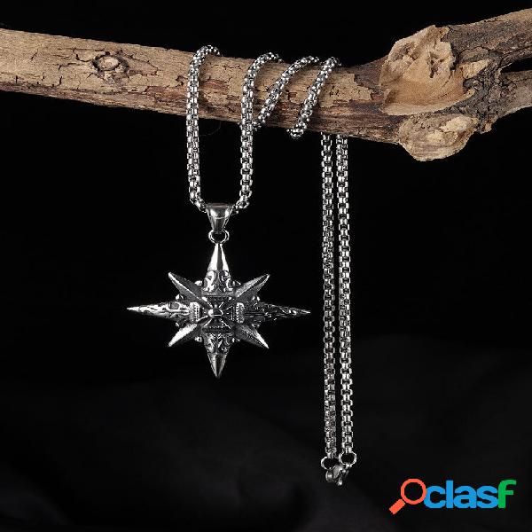 Colar Vintage Carved Octagon Star Pingente Titanium Steel