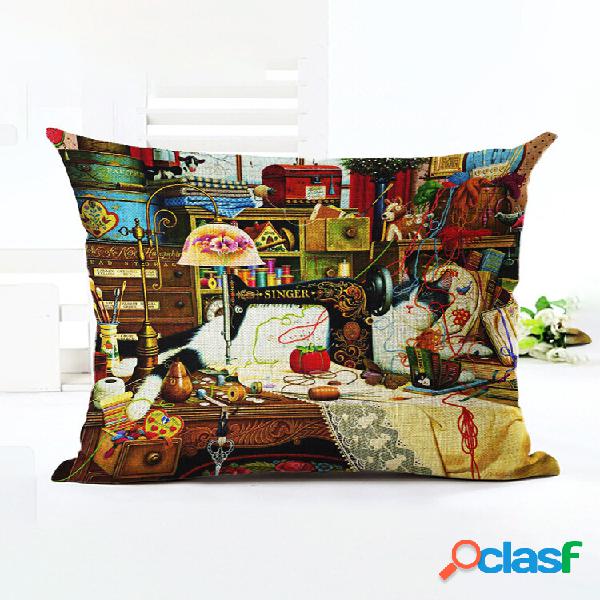 1 PC Estilo Retro Gatos Linho Algodão Capa de Almofada