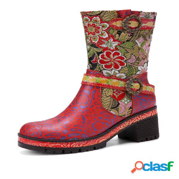 Socofy Retro Exquisite Calico Bordado Couro Patchwork Fivela