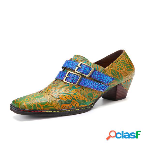 Socofy Retro Floral Print Couro Genuíno Handmade Square Toe